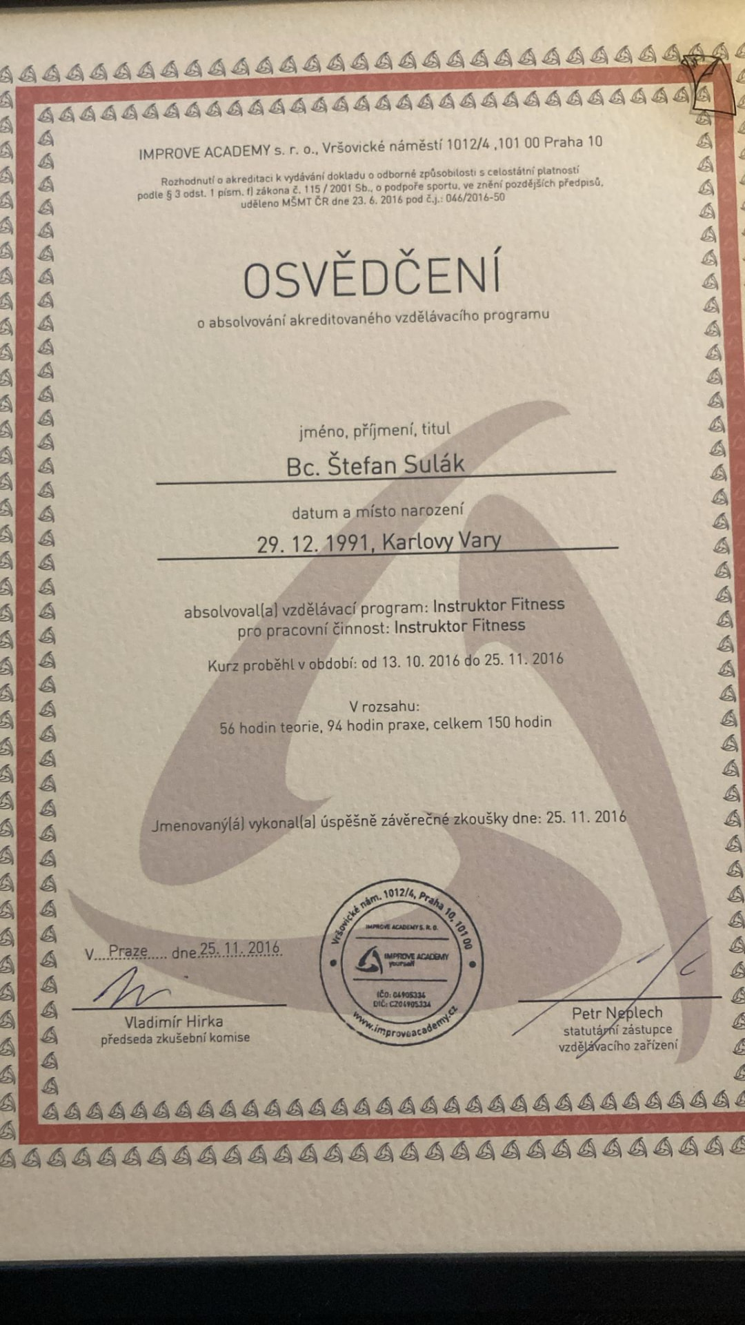 Certifikát — Instruktor Fitness
