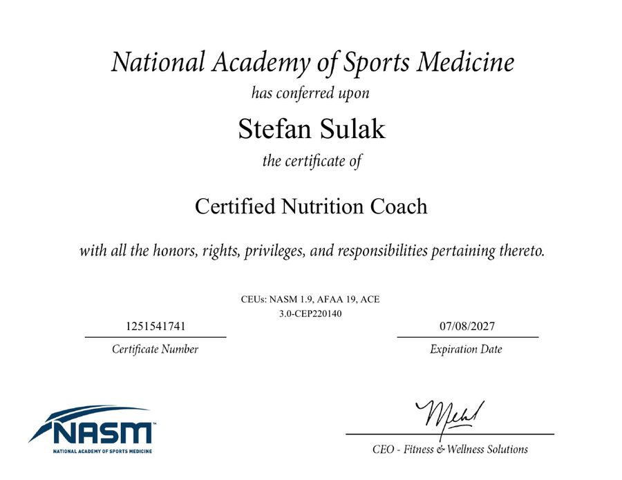Certifikát — Certified Nutrition Coach